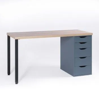 Стол письменный Ингар, 5 ящиков, 140х75х55 см, серо-бирюзовый/черный, столешница дуб беленый