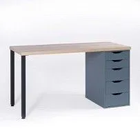 Стол письменный Ингар, 5 ящиков, 140х75х55 см, серо-бирюзовый/черный, столешница дуб беленый
