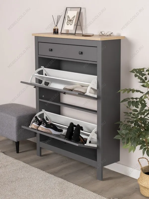 Обувница Сага с 2 откидными ящиками 92х122 серая-ясень | изображение 2