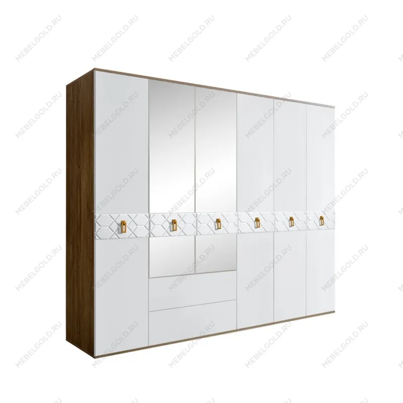 Шкаф 6-ти дверный с зеркалами, с ящиками, Bogemia Woodline Fa (Белый/Золото) БМШ1/61(Fa)