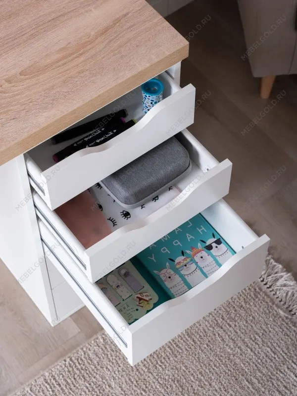 Стол письменный Ингар, с дверцей и 5 ящиками, 140x75x55, белый, столешница дуб беленый | изображение 8