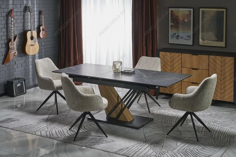 Стол обеденный Halmar VOLANT 140 (черный мрамор/дуб золотой) | изображение 1