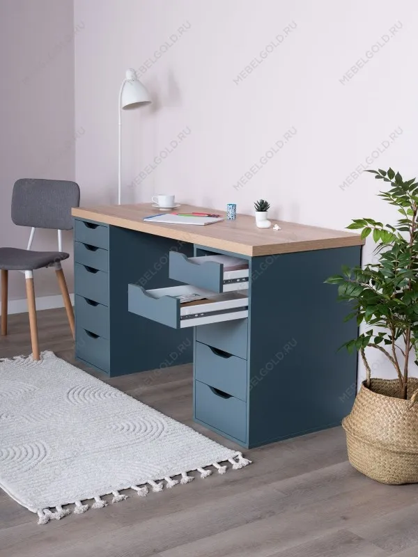 Стол письменный Ингар, 10 ящиков, 140х75х55 см, серо-бирюзовый, столешница дуб беленый | изображение 2