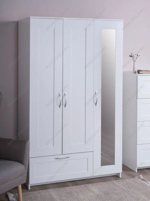 Шкаф Сириус, 3 двери и 1 ящик, 117х50х190 см, с зеркалом, белый | изображение 7