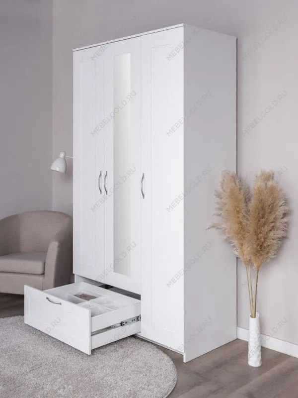 Шкаф Сириус, 3 двери и 1 ящик с зеркалом, 117х59х220 см, белый | изображение 3