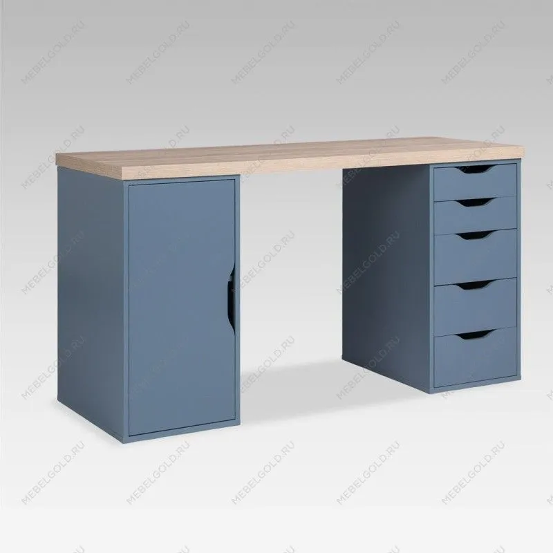 Стол письменный Ингар, с дверцей и 5 ящиками, 140x75x55, серо-бирюзовый/черный, столешница дуб беленый
