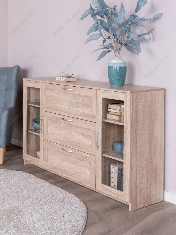 Тумба Сириус, 2 двери со стеклом и 3 ящика, 156х41х95 см, дуб сонома | изображение 2