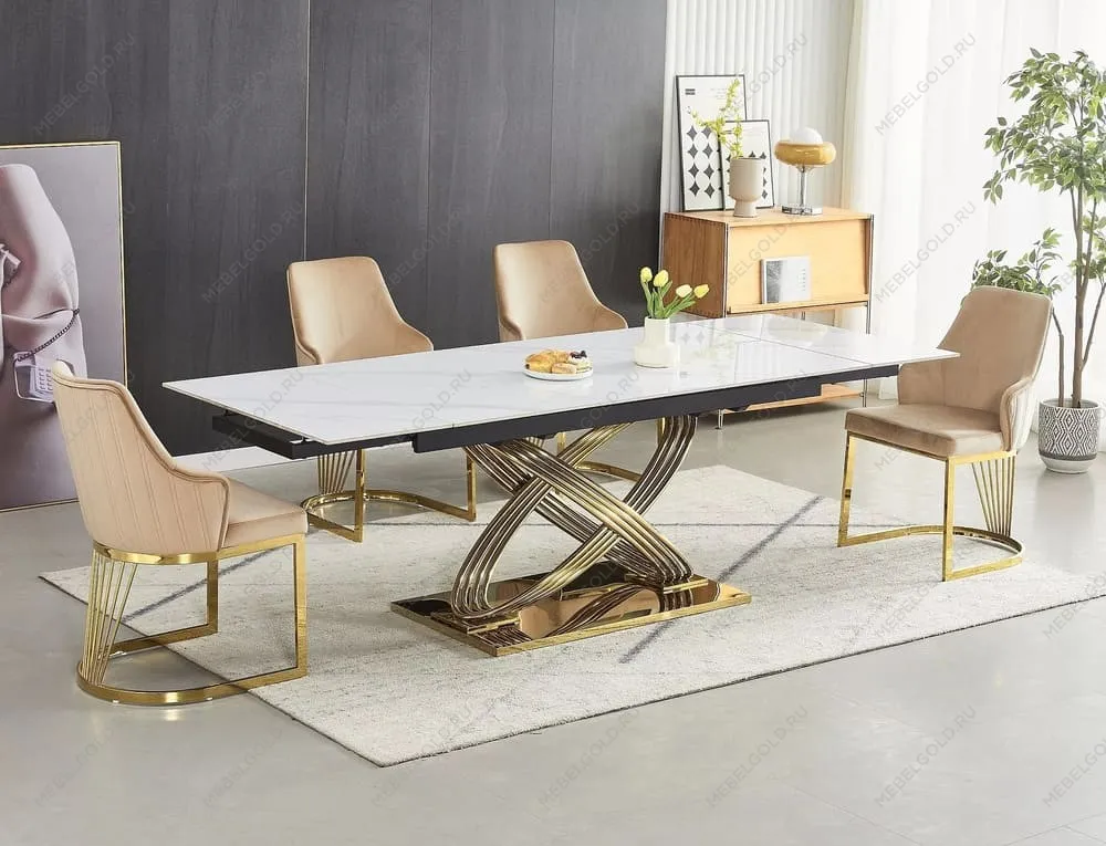 Стол обеденный Signal HERMES II 160 (эффект белого мрамора/золотой) | изображение 1