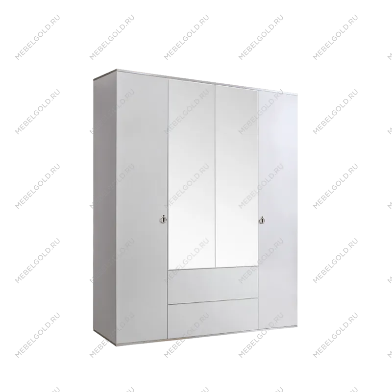 Шкаф 4-х дверный с зеркалом, с ящиками Римини (Белый/Серебро) РМШ1/41