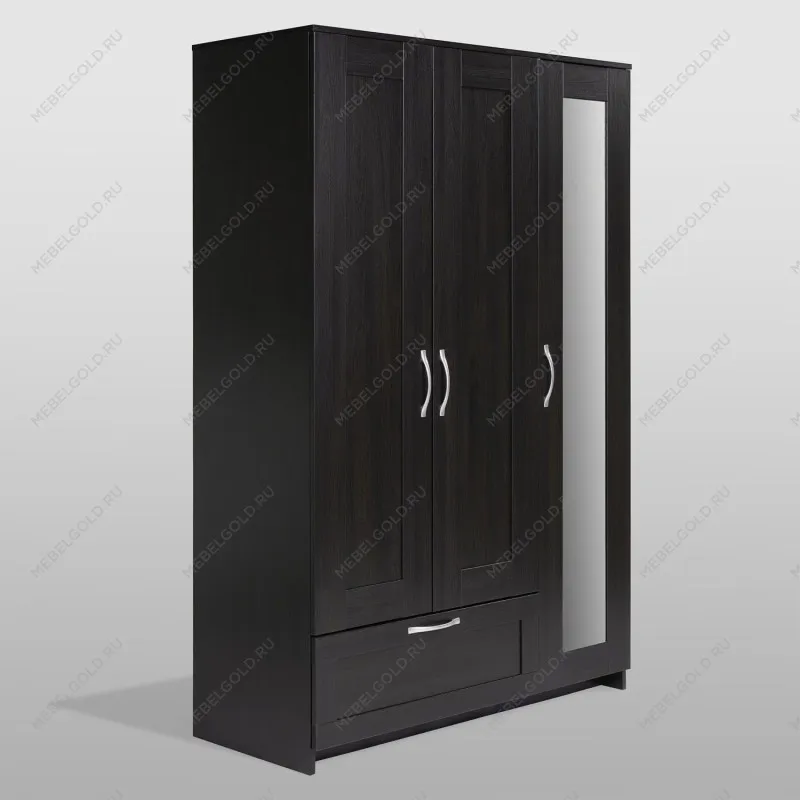 Шкаф Сириус, 3 двери и 1 ящик 117х50х190 см, с зеркалом, черно-коричневый, дуб венге