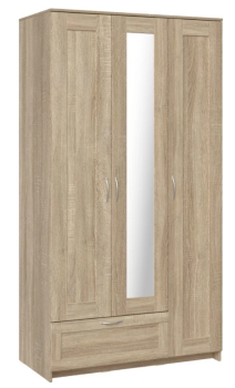 Шкаф Сириус, 3 двери и 1 ящик с зеркалом, 117х59х220 см, дуб сонома