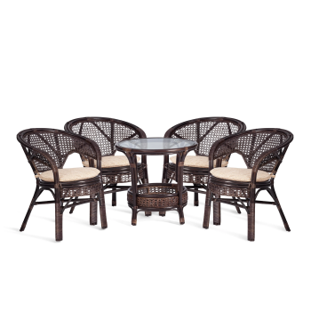 Комплект PELANGI 02/15 ( стол со стеклом + 4 кресла ) [с подушками], ротанг, кресло 65х65х77см, стол диаметр 64х61см, walnut (грецкий орех)