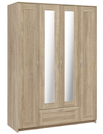 Шкаф Сириус, 4 двери и 1 ящик с зеркалом, 156х59х220 см, дуб сонома