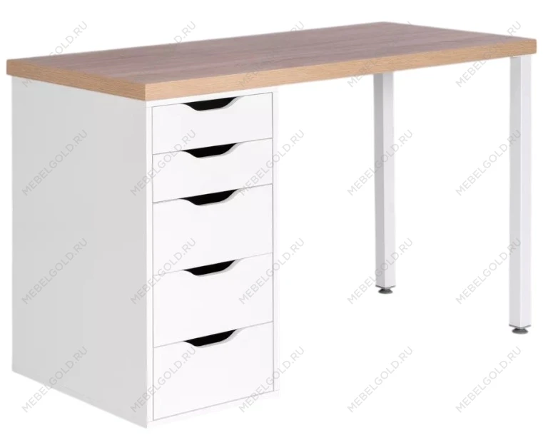 Стол письменный Ингар, 5 ящиков, 140х75х55 см, белый, столешница дуб беленый