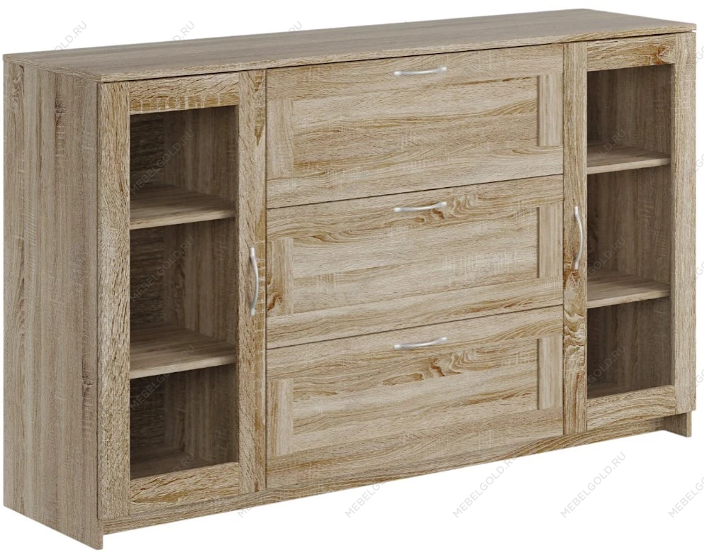 Тумба Сириус, 2 двери со стеклом и 3 ящика, 156х41х95 см, дуб сонома