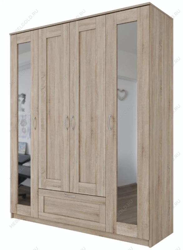 Шкаф Сириус, 4 двери и 1 ящик с зеркалами, 156х50х190 см, дуб сонома